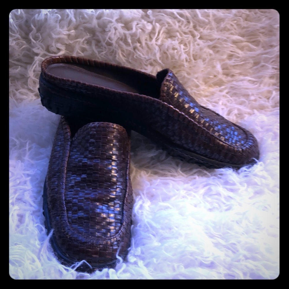 Cole Haan Rich Brown Woven Leather Slides